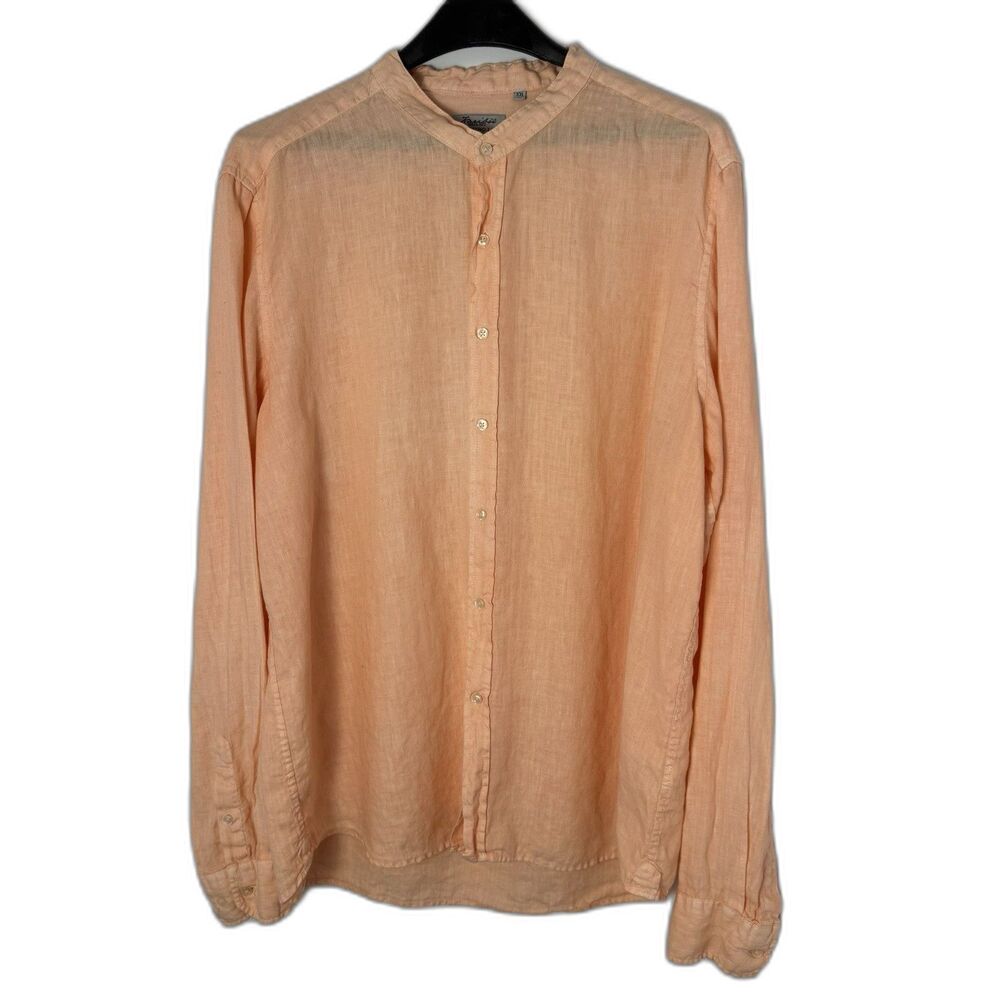 Mens Shirt 100% Linen 2XL Peach Italy Band Collar Button Up Long Sleeve Coastal